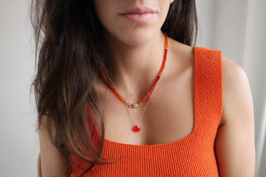 Earthly Abundance Sunset Fire Opal Smiley Necklace with colorful opal pendant on a delicate chain
