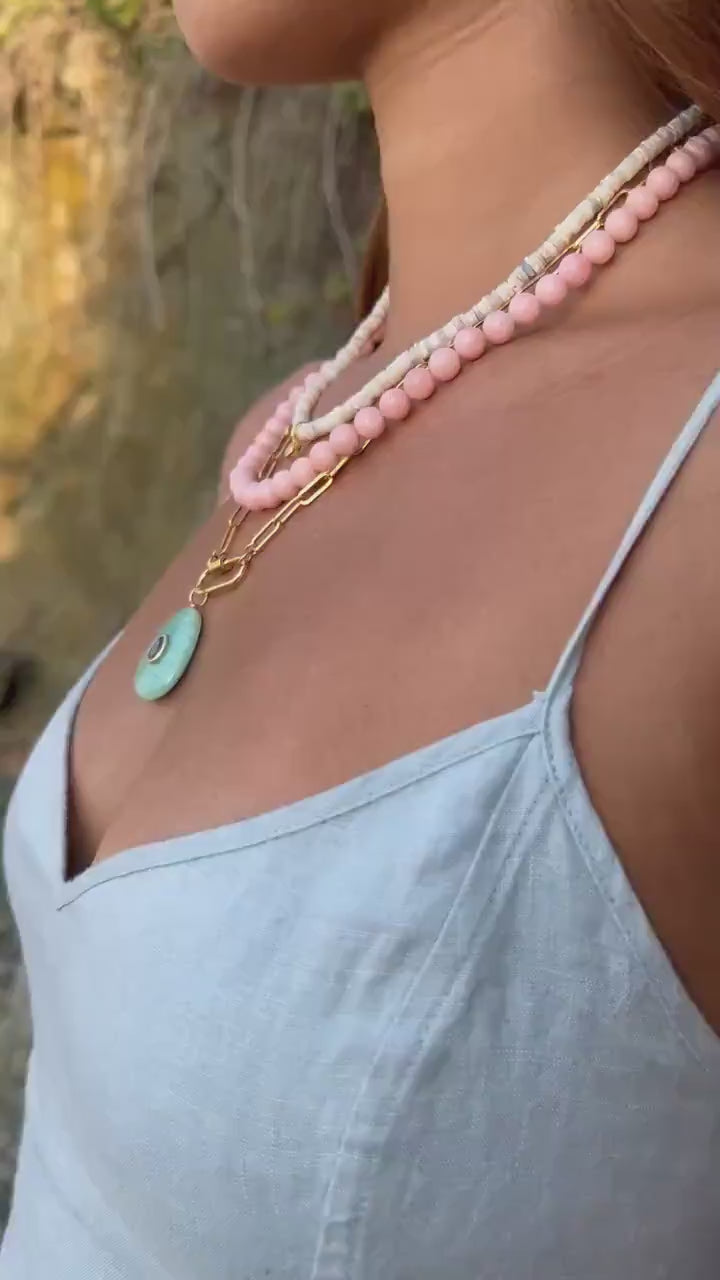 Laguna Amazonite Carabiner Necklace | Amazonite Carabiner Necklace | Large Amazonite & Amethyst Pendant | 14K Gold Filled Paperclip Chain